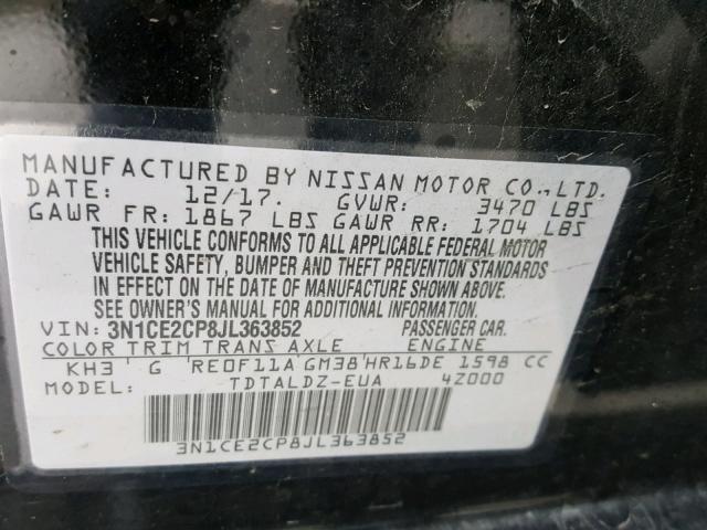 3N1CE2CP8JL363852 - 2018 NISSAN VERSA NOTE BLACK photo 10