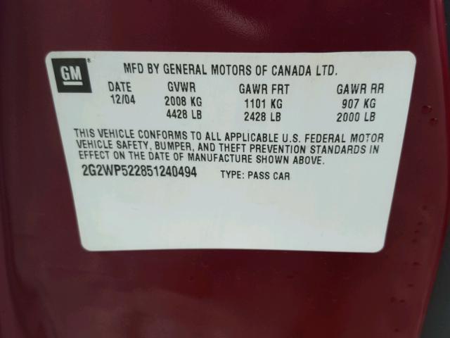 2G2WP522851240494 - 2005 PONTIAC GRAND PRIX BURGUNDY photo 10