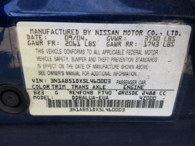 3N1AB51DX5L460003 - 2005 NISSAN SENTRA SE- BLUE photo 10