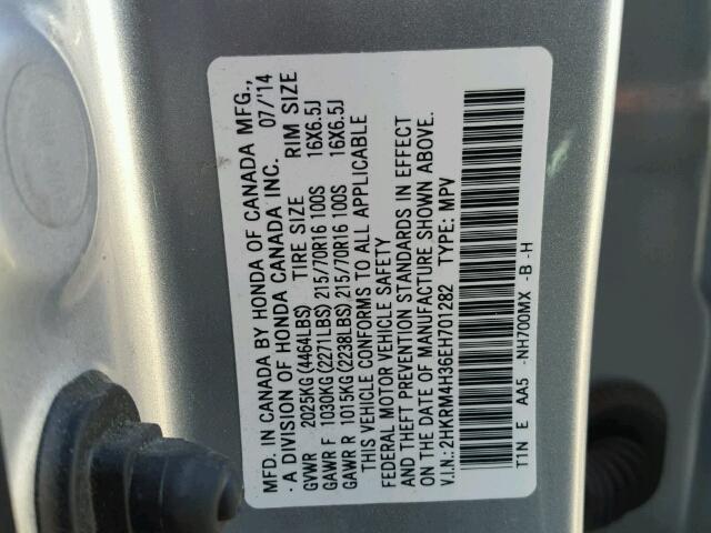 2HKRM4H36EH701282 - 2014 HONDA CR-V SILVER photo 10