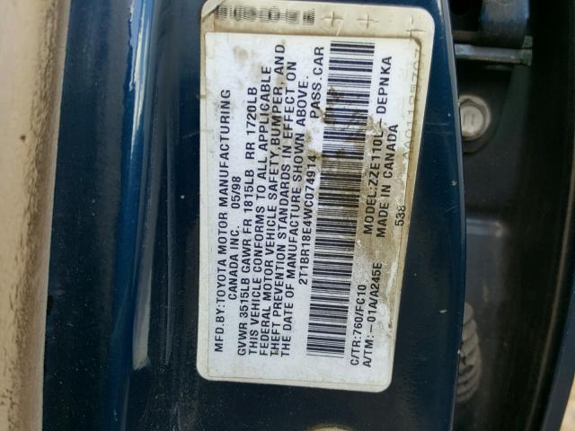 2T1BR18E4WC074914 - 1998 TOYOTA COROLLA VE BLUE photo 10