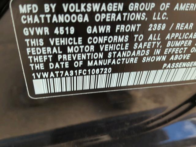 1VWAT7A31FC106720 - 2015 VOLKSWAGEN PASSAT S შავი ფოტო 10