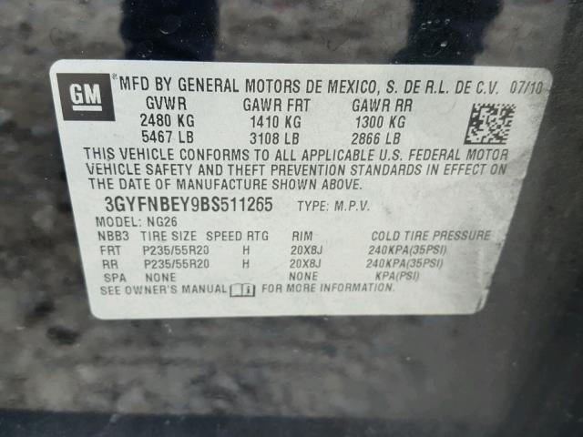 3GYFNBEY9BS511265 - 2011 CADILLAC SRX PERFOR BLACK photo 10