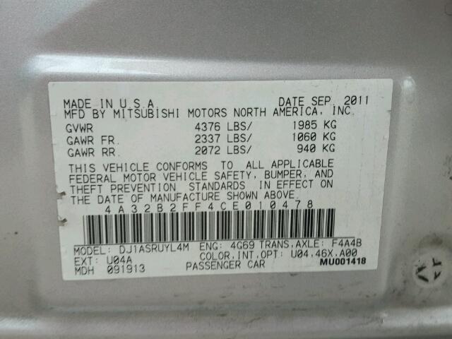 4A32B2FF4CE010478 - 2012 MITSUBISHI GALANT FE SILVER photo 10