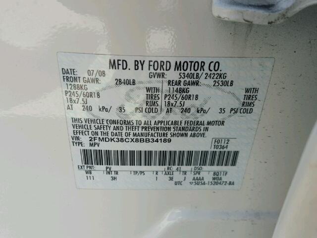 2FMDK38CX8BB34189 - 2008 FORD EDGE SEL WHITE photo 10