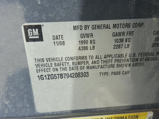 1G1ZG57B794208303 - 2009 CHEVROLET MALIBU LS ნაცრისფერი ფოტო 10