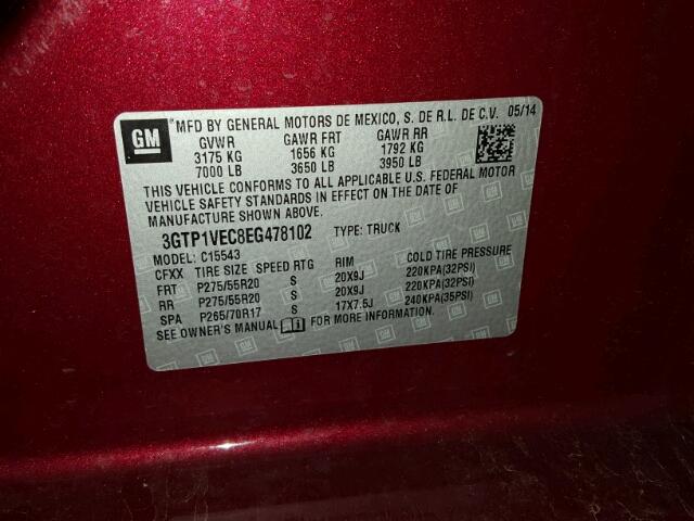 3GTP1VEC8EG478102 - 2014 GMC SIERRA MAROON photo 10