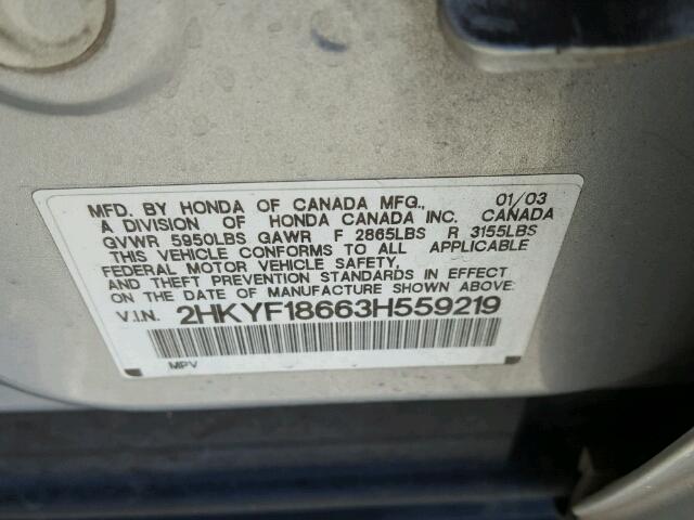 2HKYF18663H559219 - 2003 HONDA PILOT SILVER photo 10