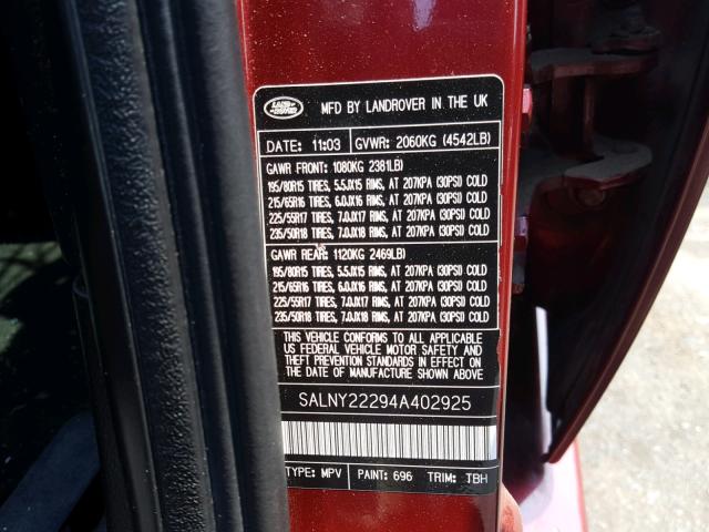 SALNY22294A402925 - 2004 LAND ROVER FREELANDER RED photo 10