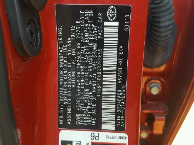 4T4BF1FK0CR262699 - 2012 TOYOTA CAMRY BASE Qara foto 10