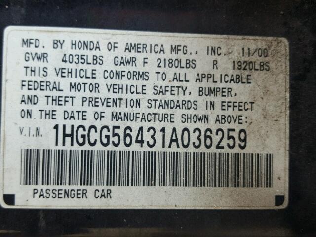 1HGCG56431A036259 - 2001 HONDA ACCORD BLACK photo 10