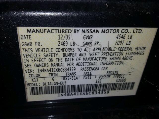 1N4BA41EX6C834359 - 2006 NISSAN MAXIMA SE GRAY photo 10