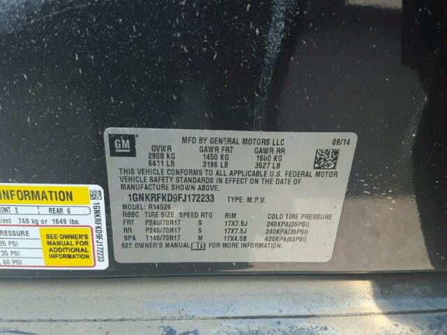 1GNKRFKD9FJ172233 - 2015 CHEVROLET TRAVERSE L GRAY photo 10