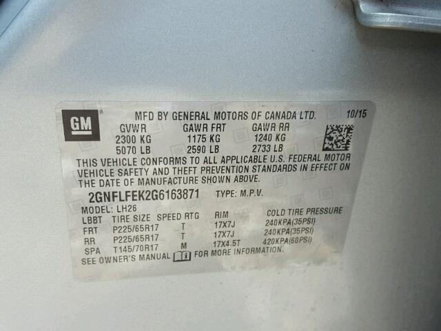 2GNFLFEK2G6163871 - 2016 CHEVROLET EQUINOX SILVER photo 10