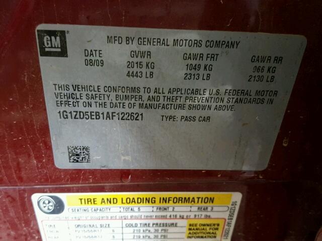 1G1ZD5EB1AF122621 - 2010 CHEVROLET MALIBU 2LT MAROON photo 10