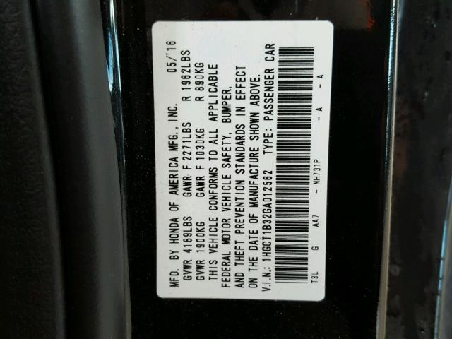 1HGCT1B32GA012562 - 2016 HONDA ACCORD LX- BLACK photo 10