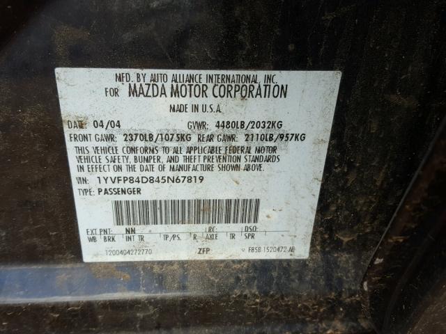 1YVFP84D845N67819 - 2004 MAZDA 6 S BLACK photo 10