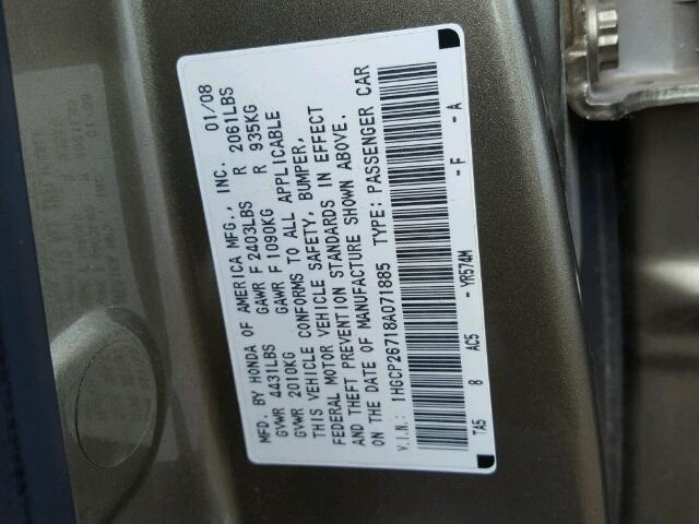 1HGCP26718A071885 - 2008 HONDA ACCORD EX GOLD photo 10