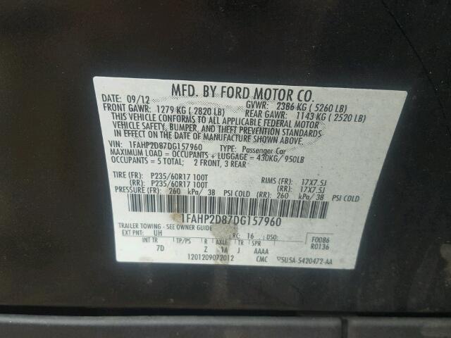 1FAHP2D87DG157960 - 2013 FORD TAURUS SE BLACK photo 10