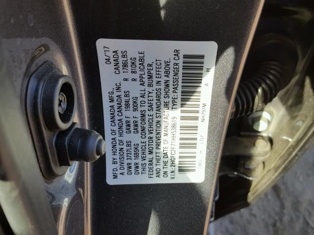 2HGFC2F71HH538619 - 2017 HONDA CIVIC EX GRAY photo 10