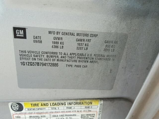 1G1ZG57B794172886 - 2009 CHEVROLET MALIBU LS 银色 照片 10