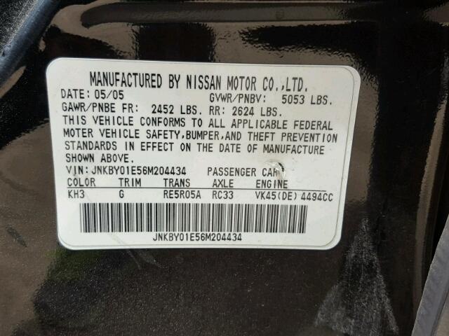 JNKBY01E56M204434 - 2006 INFINITI M45 BASE BLACK photo 10