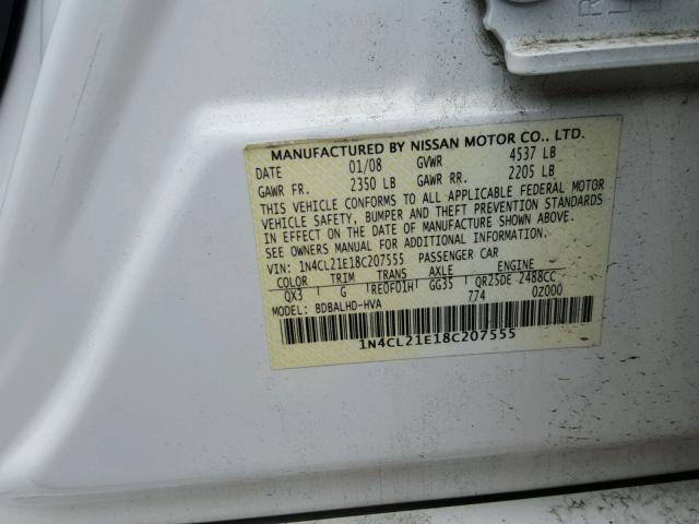 1N4CL21E18C207555 - 2008 NISSAN ALTIMA HYB WHITE photo 10