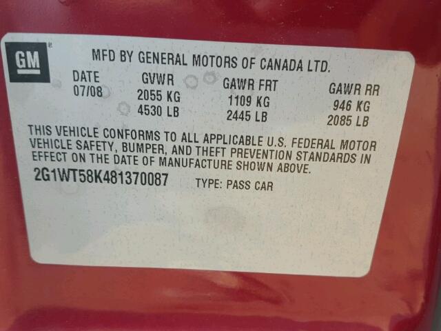 2G1WT58K481370087 - 2008 CHEVROLET IMPALA LT RED photo 10