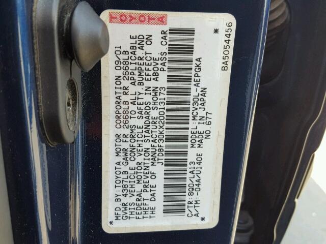 JTDBF30KX20013173 - 2002 TOYOTA CAMRY LE ლურჯი ფოტო 10