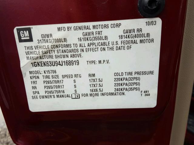 1GKEK63U94J168919 - 2004 GMC YUKON DENA RED photo 10