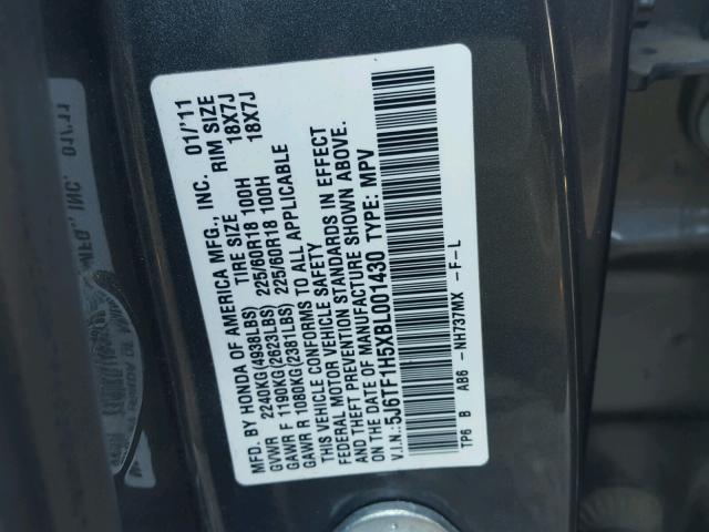 5J6TF1H5XBL001430 - 2011 HONDA ACCORD CRO GRAY photo 10