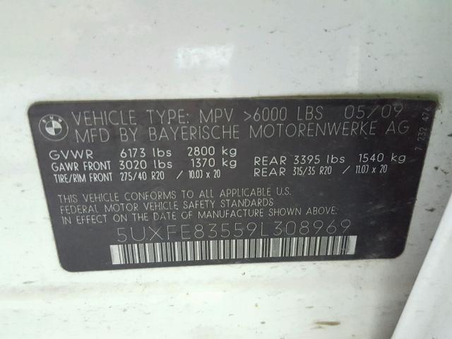 5UXFE83559L308969 - 2009 BMW X5 XDRIVE4 WHITE photo 10