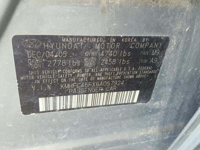 KMHFC46FX6A057924 - 2006 HYUNDAI AZERA SE GRAY photo 10