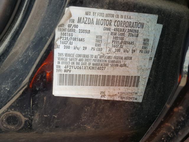 4F2YU061X1KM14027 - 2001 MAZDA TRIBUTE DX 黑色 照片 10