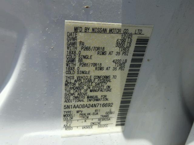 5N1AA08A24N716692 - 2004 NISSAN ARMADA SE SILVER photo 10