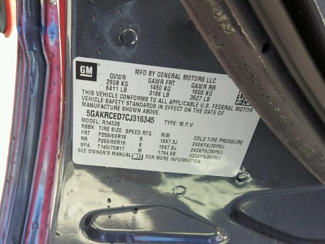 5GAKRCED7CJ316345 - 2012 BUICK ENCLAVE GRAY photo 10