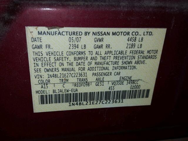 1N4BL21E27C223631 - 2007 NISSAN ALTIMA RED photo 10