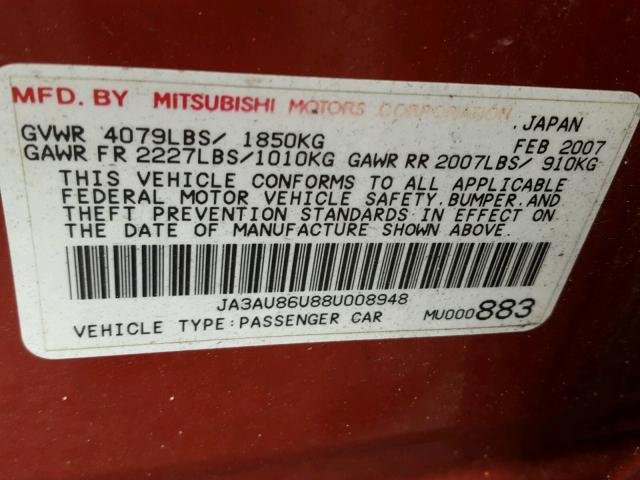 JA3AU86U88U008948 - 2008 MITSUBISHI LANCER GTS RED photo 10