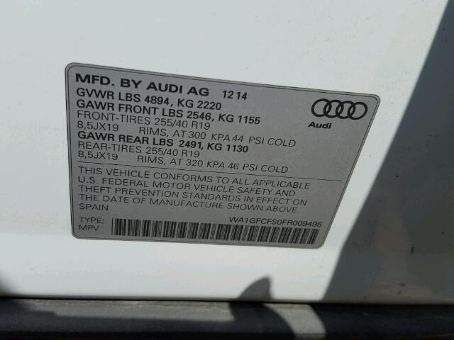 WA1GFCFS0FR009495 - 2015 AUDI Q3 PRESTIG WHITE photo 10