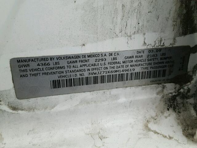 3VWJZ71K69M149619 - 2009 VOLKSWAGEN JETTA S 白色 照片 10
