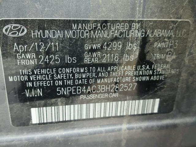 5NPEB4AC3BH282527 - 2011 HYUNDAI SONATA GLS GRAY photo 10