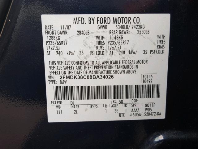 2FMDK38C88BA34026 - 2008 FORD EDGE SEL BLACK photo 10