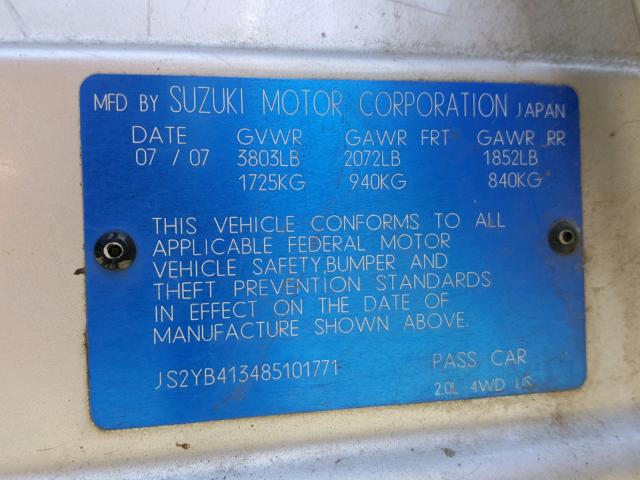 JS2YB413485101771 - 2008 SUZUKI SX4 BASE SILVER photo 10