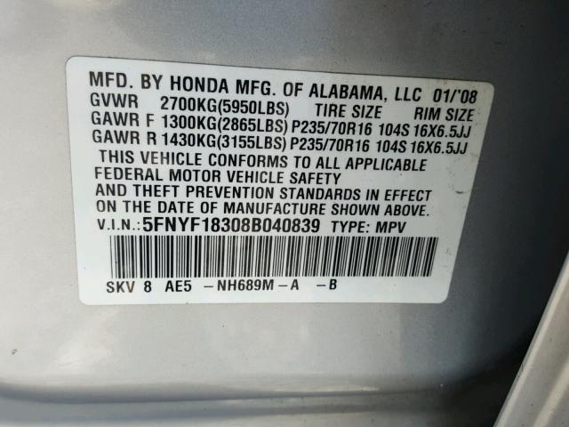 5FNYF18308B040839 - 2008 HONDA PILOT SE SILVER photo 10