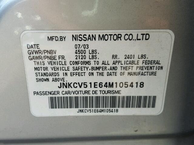 JNKCV51E64M105418 - 2004 INFINITI G35 SILVER photo 10