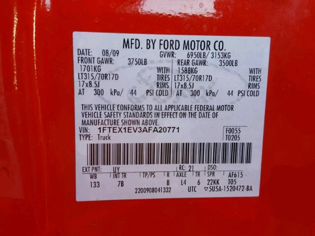 1FTEX1EV3AFA20771 - 2010 FORD F150 RED photo 10