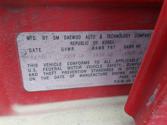 KL1TD566X6B672890 - 2006 CHEVROLET AVEO BASE Qırmızı foto 10