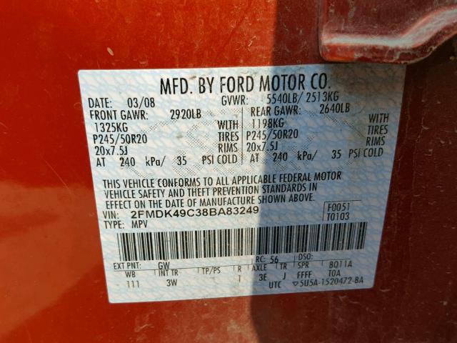 2FMDK49C38BA83249 - 2008 FORD EDGE LIMIT ORANGE photo 10