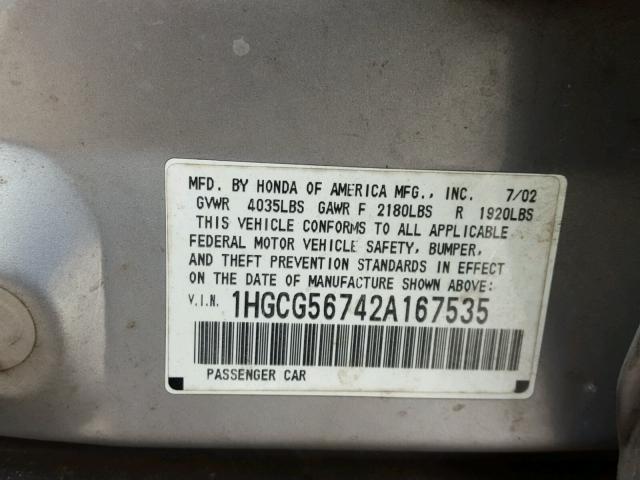 1HGCG56742A167535 - 2002 HONDA ACCORD SILVER photo 10