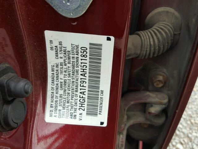 2HGFA1F91AH511850 - 2010 HONDA CIVIC EXL 红色 照片 10